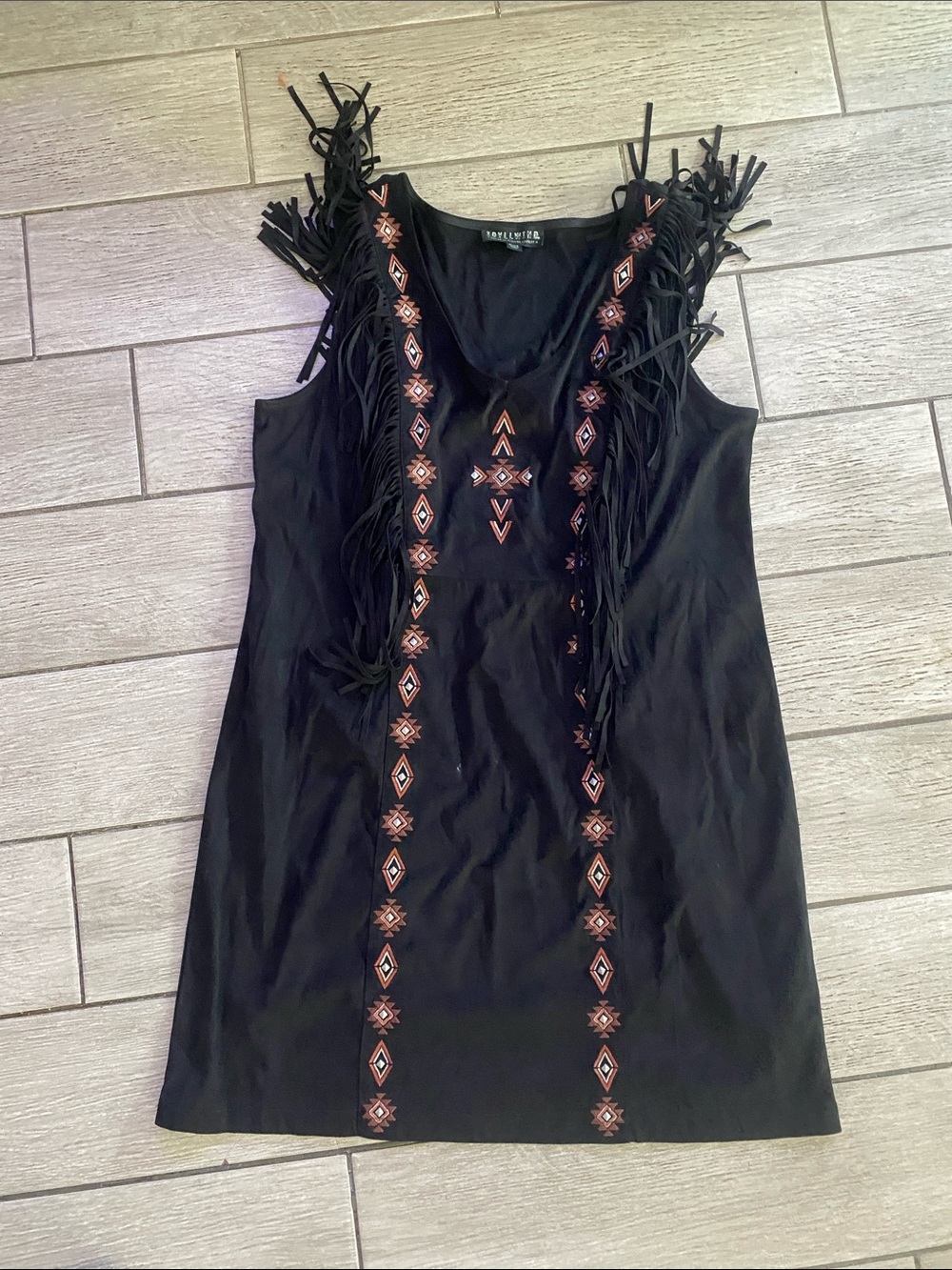 Idyllwind Black Midi Dress with Rust Embroidery and Fringe